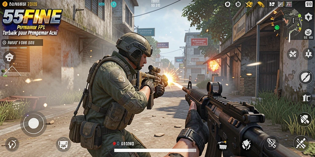Screenshot 55FIVE menampilkan aksi tembak-menembak yang intens.