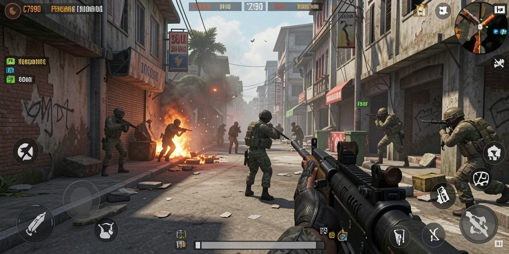 Gambar gameplay C7890 dengan pertempuran seru di arena TPS.