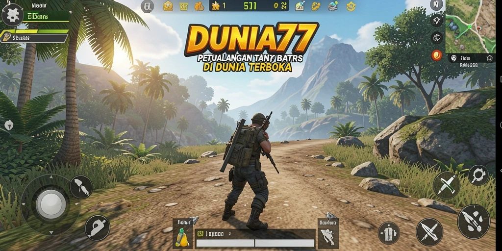 Gameplay DUNIA77 menampilkan petualangan di dunia terbuka yang luas.