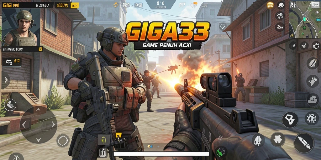 Screenshot gameplay GIGA33 menampilkan aksi tembak-menembak yang intens.