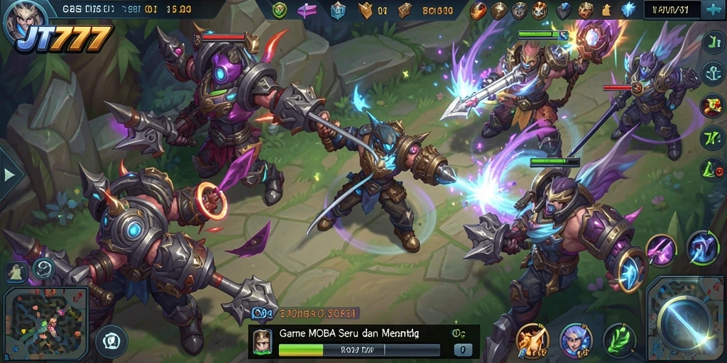 Tampilan screenshot gameplay JT777 yang menampilkan aksi pertempuran MOBA.