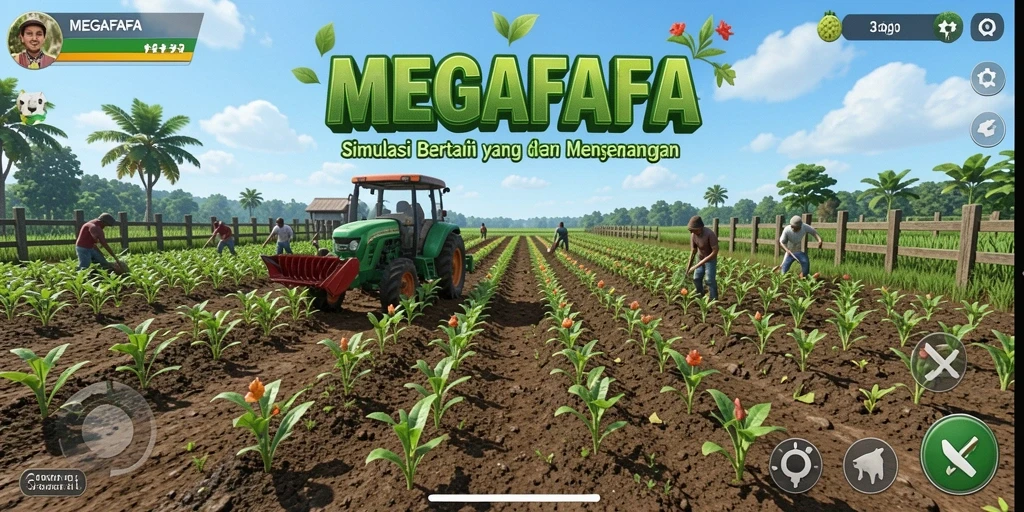Screenshot gameplay MEGAFAFA menampilkan ladang hijau subur dengan tanaman yang siap panen.
